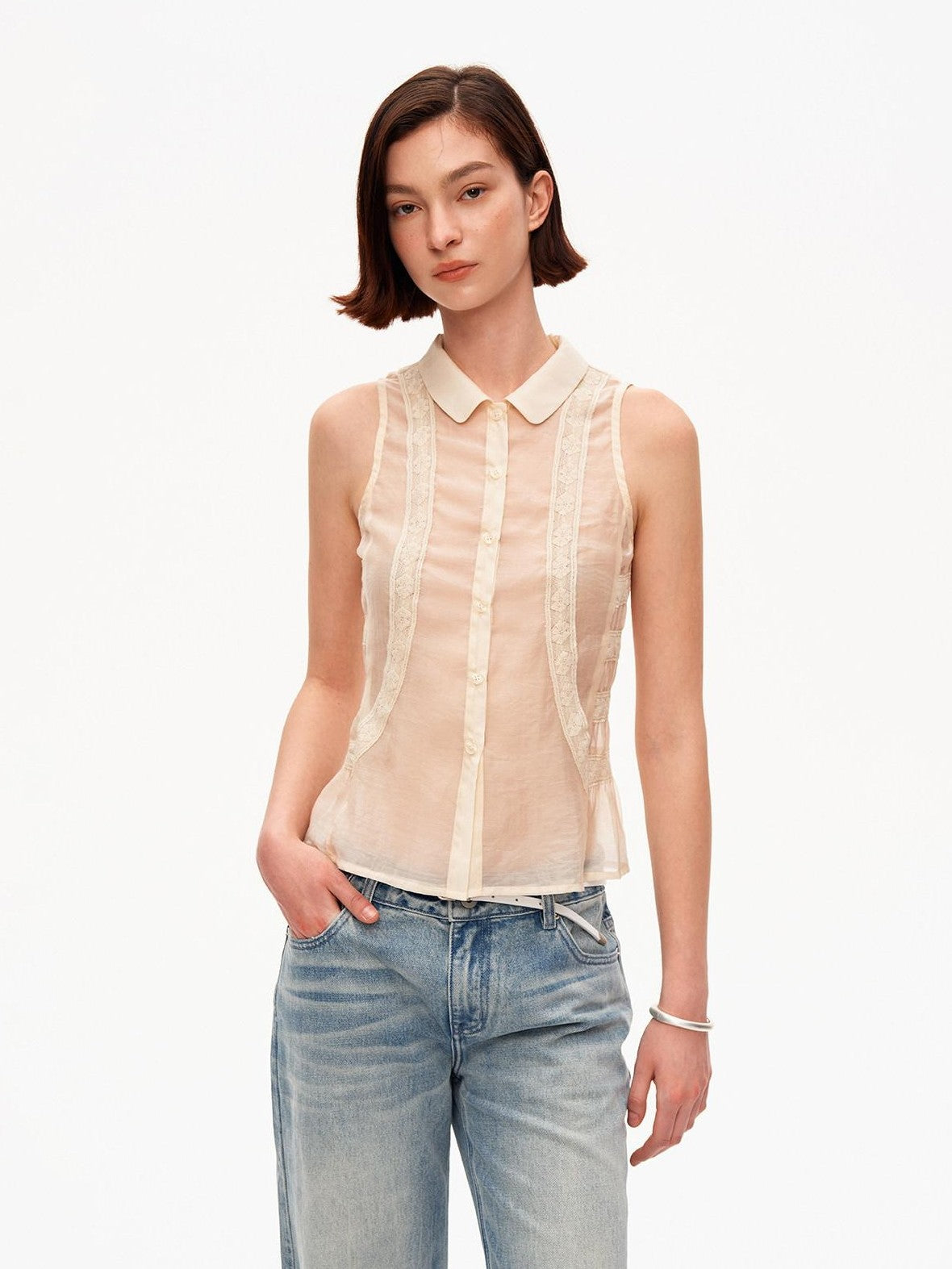 STRIKE A POSE Beige Lace Polo Collar Draped Slim Fit Women&