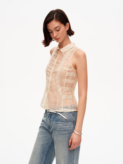 STRIKE A POSE Beige Lace Polo Collar Draped Slim Fit Women&