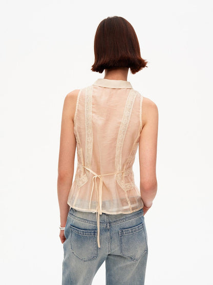 STRIKE A POSE Beige Lace Polo Collar Draped Slim Fit Women&