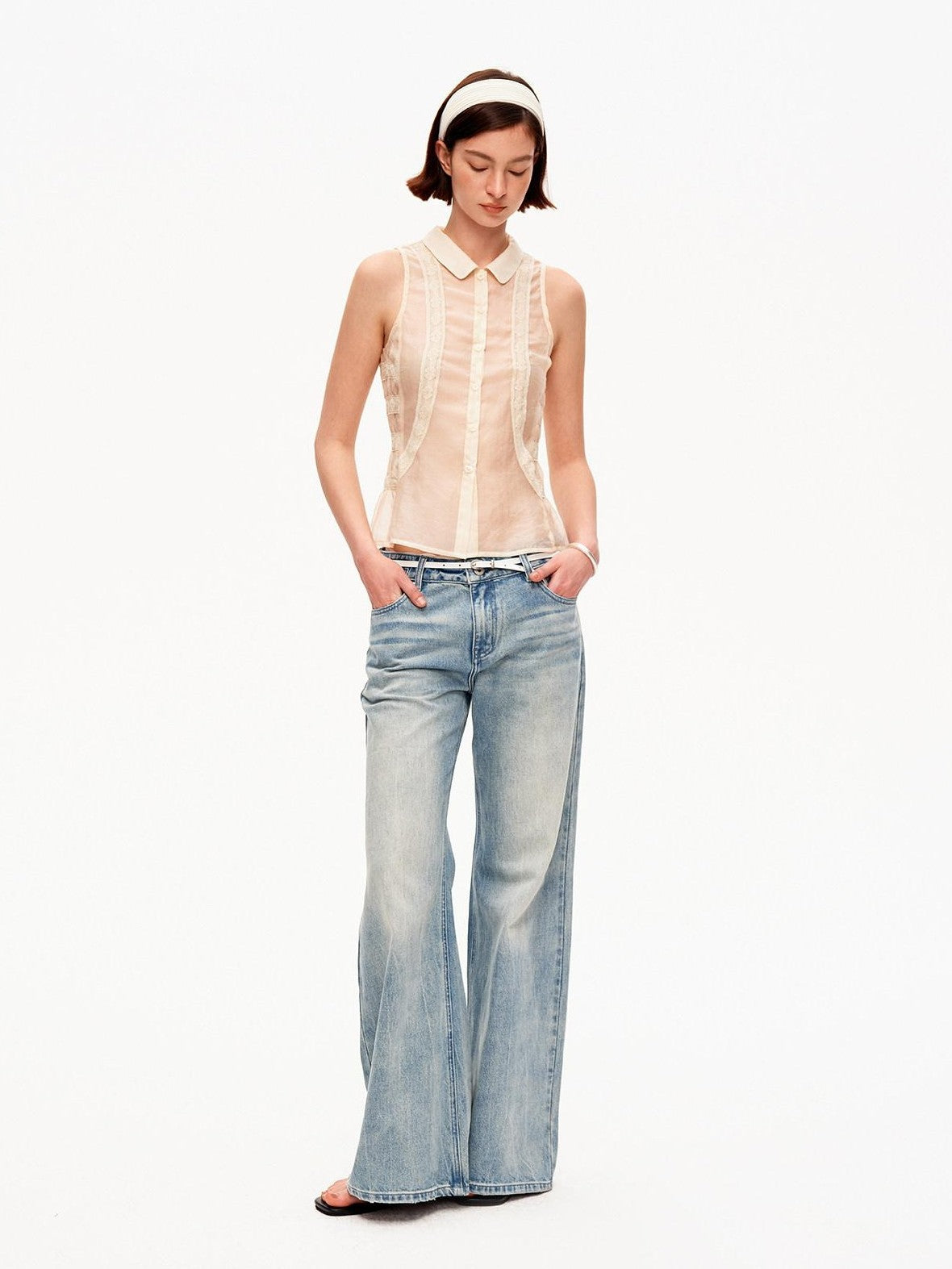 STRIKE A POSE Beige Lace Polo Collar Draped Slim Fit Women&