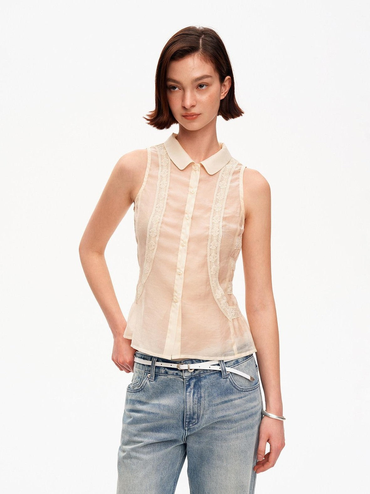 STRIKE A POSE Beige Lace Polo Collar Draped Slim Fit Women&