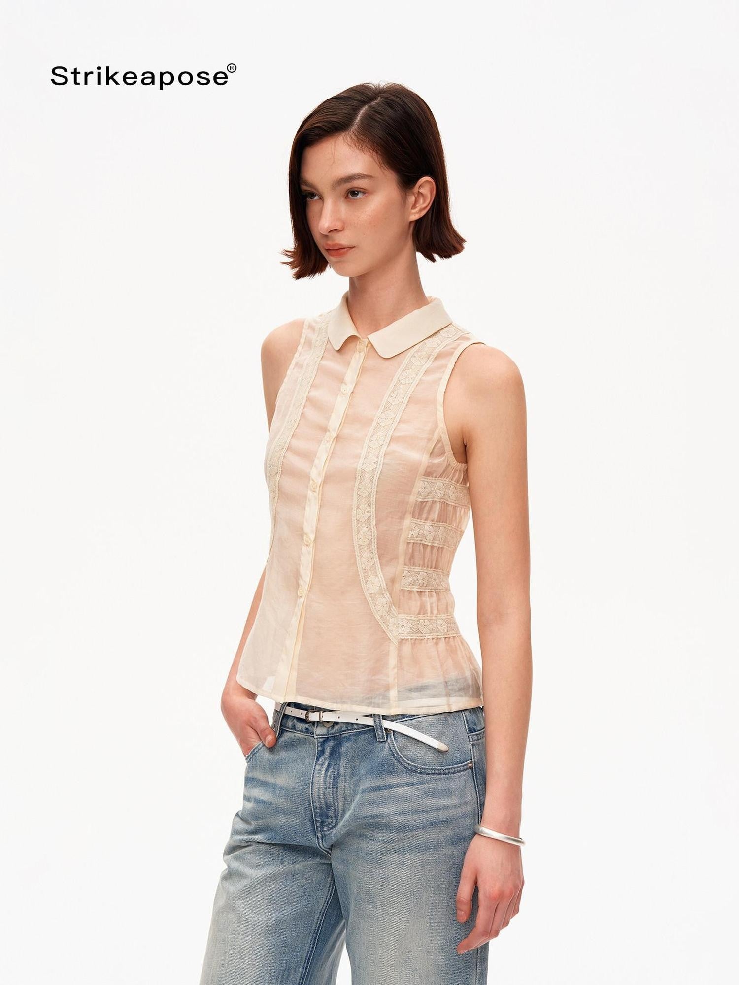STRIKE A POSE Beige Lace Polo Collar Draped Slim Fit Women&