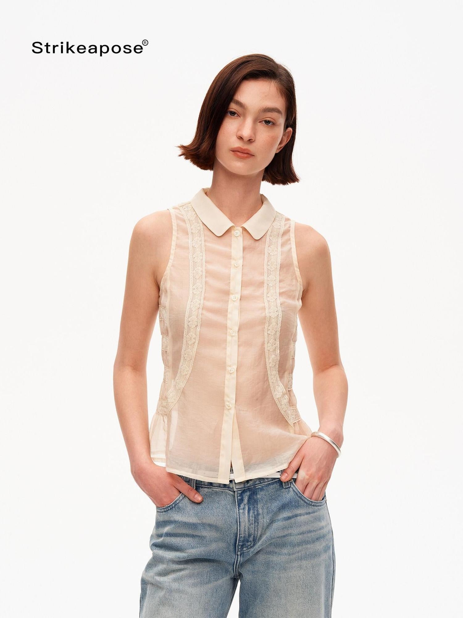STRIKE A POSE Beige Lace Polo Collar Draped Slim Fit Women&