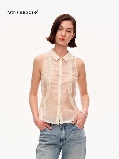 STRIKE A POSE Beige Lace Polo Collar Draped Slim Fit Women&