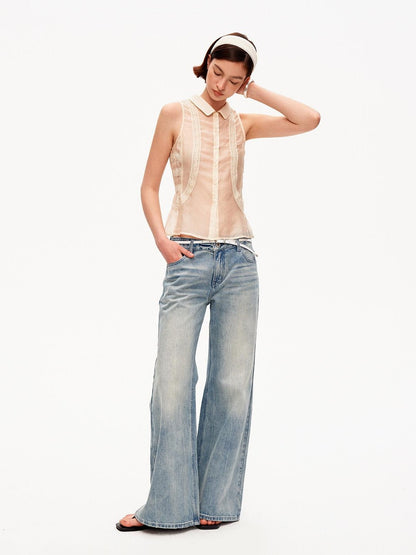 STRIKE A POSE Beige Lace Polo Collar Draped Slim Fit Women&