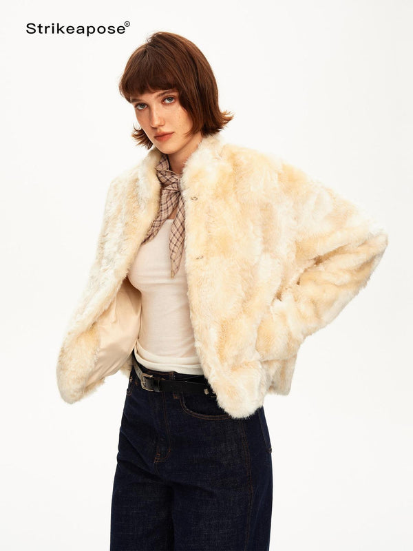 Beige Stand Collar Loose Casual Thick Short Women's Faux Fur Coats