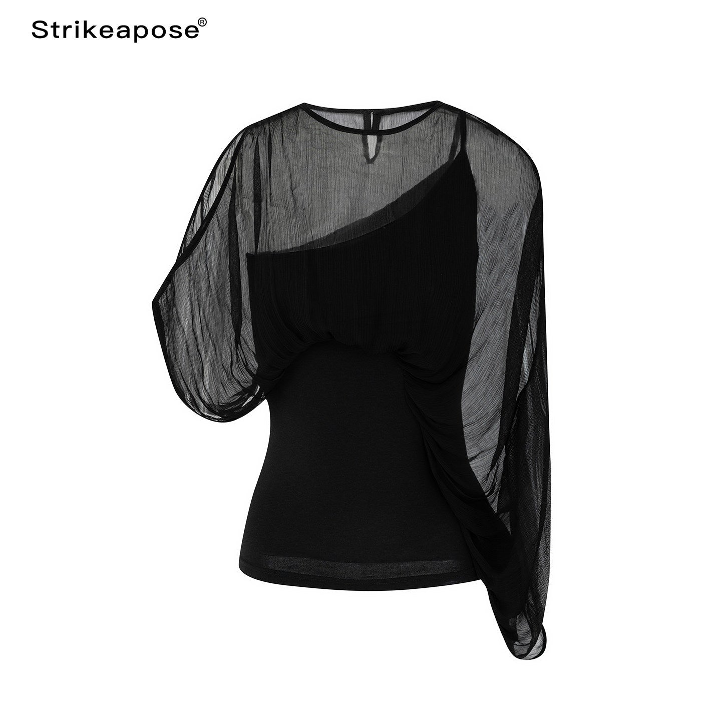 STRIKE_A_POSE_Black_Asymmetric_Sheer_Mesh_One_Shoulder_Batwing_Layered_Women&