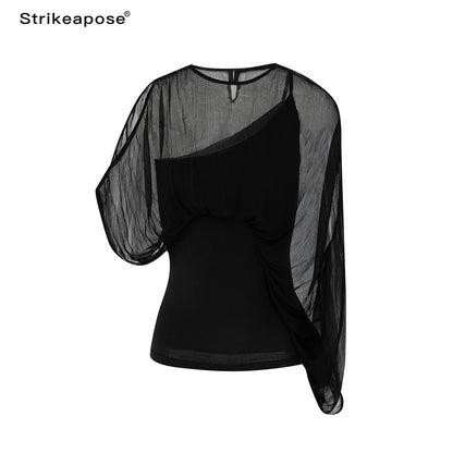 STRIKE_A_POSE_Black_Asymmetric_Sheer_Mesh_One_Shoulder_Batwing_Layered_Women&