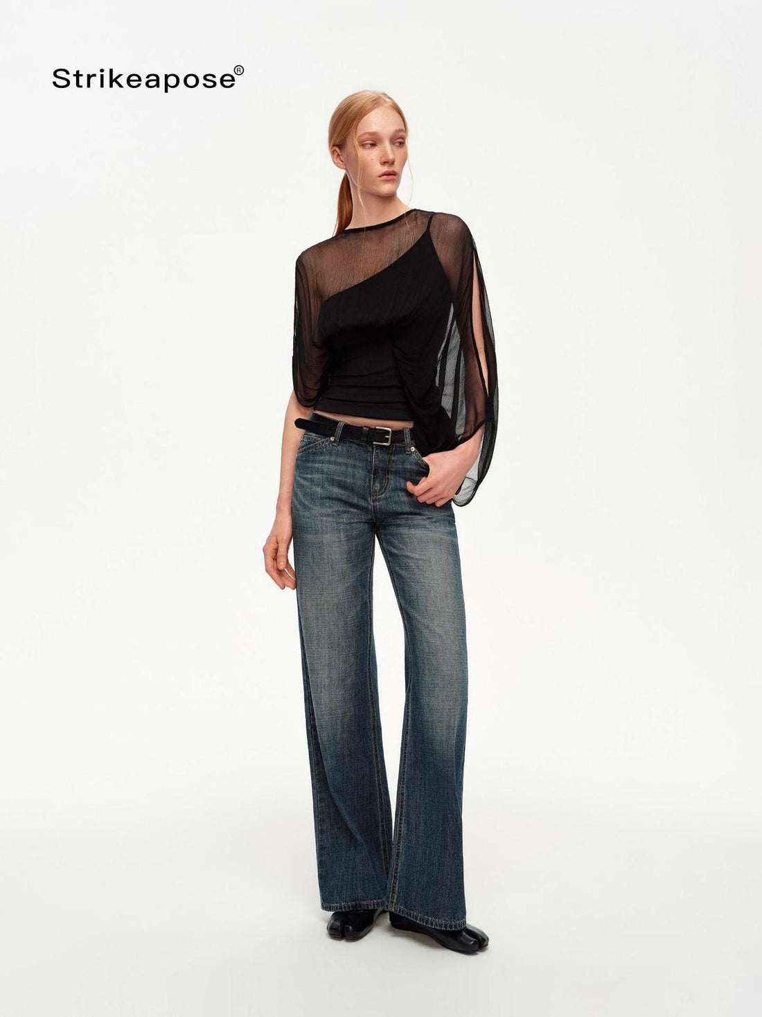 STRIKE A POSE Black Asymmetric Sheer Mesh One Shoulder Batwing Layered Women&