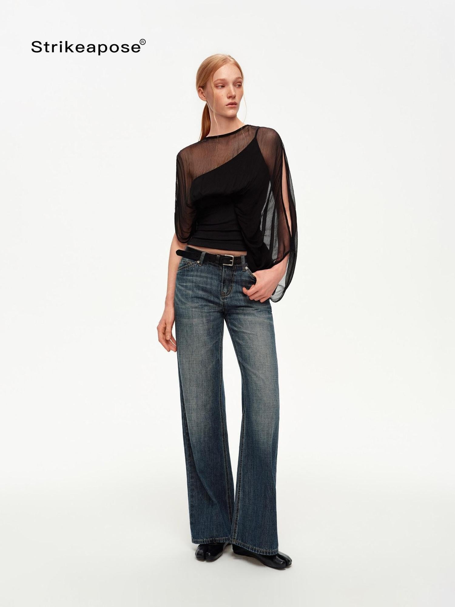 STRIKE A POSE Black Asymmetric Sheer Mesh One Shoulder Batwing Layered Women&