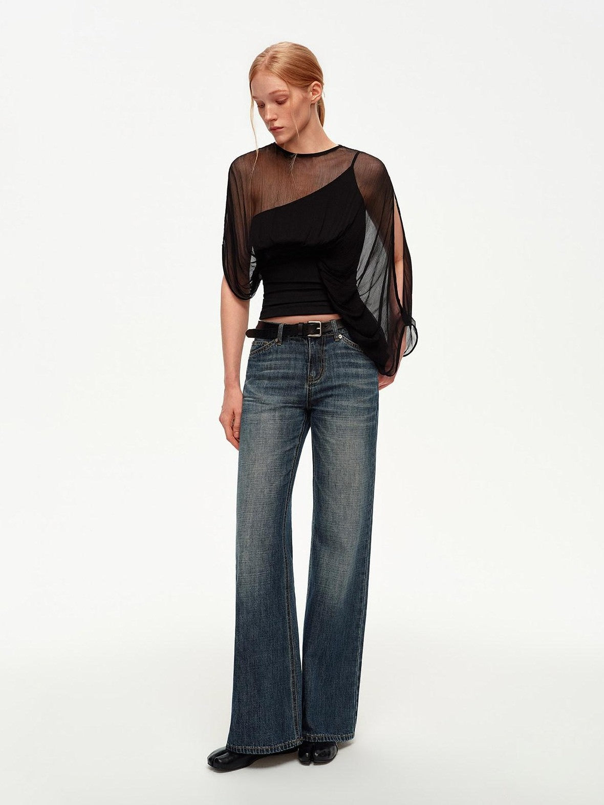 STRIKE A POSE Black Asymmetric Sheer Mesh One Shoulder Batwing Layered Women&