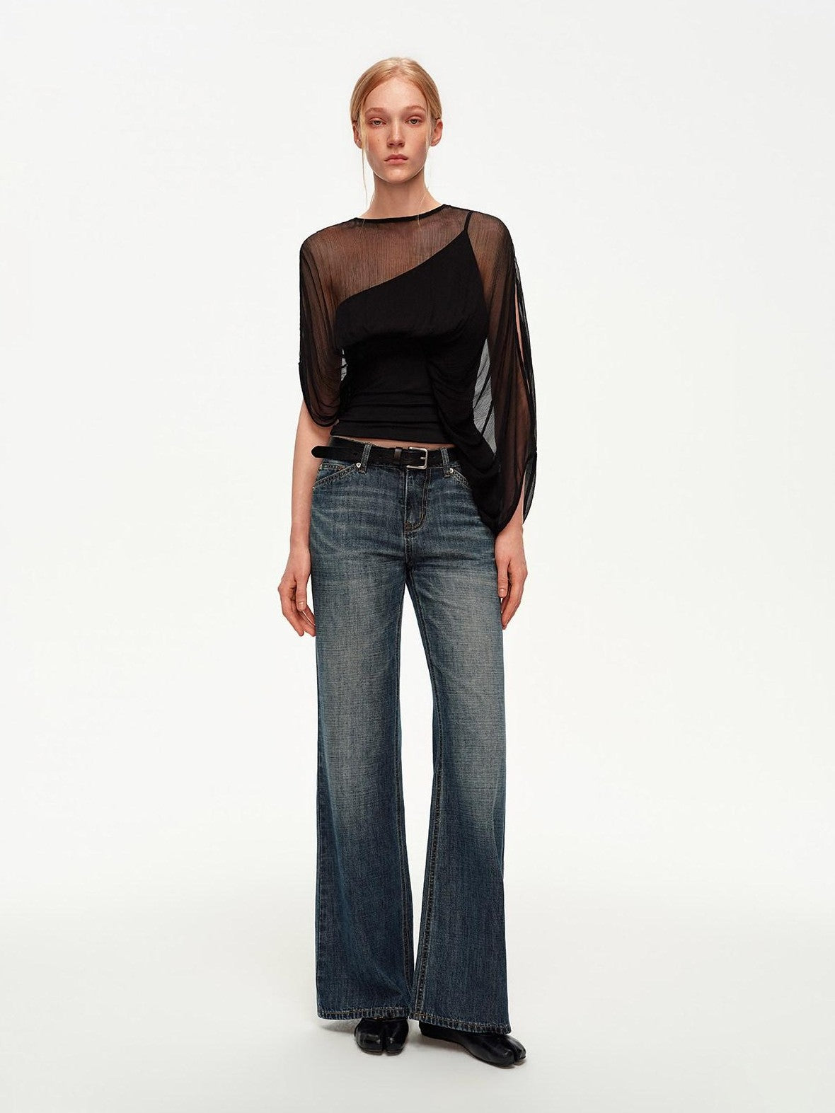 STRIKE A POSE Black Asymmetric Sheer Mesh One Shoulder Batwing Layered Women&