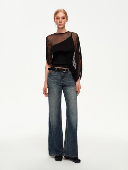 STRIKE A POSE Black Asymmetric Sheer Mesh One Shoulder Batwing Layered Women&