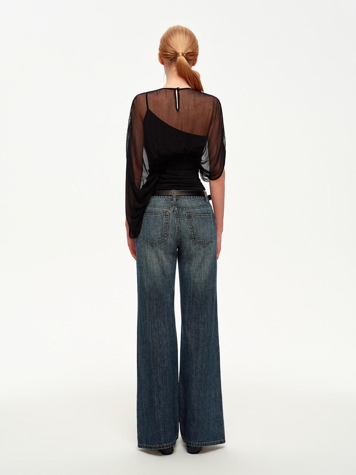 STRIKE A POSE Black Asymmetric Sheer Mesh One Shoulder Batwing Layered Women&