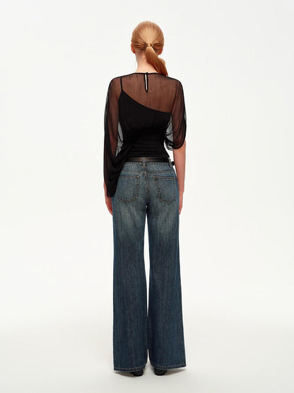 STRIKE A POSE Black Asymmetric Sheer Mesh One Shoulder Batwing Layered Women&