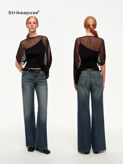 STRIKE A POSE Black Asymmetric Sheer Mesh One Shoulder Batwing Layered Women&