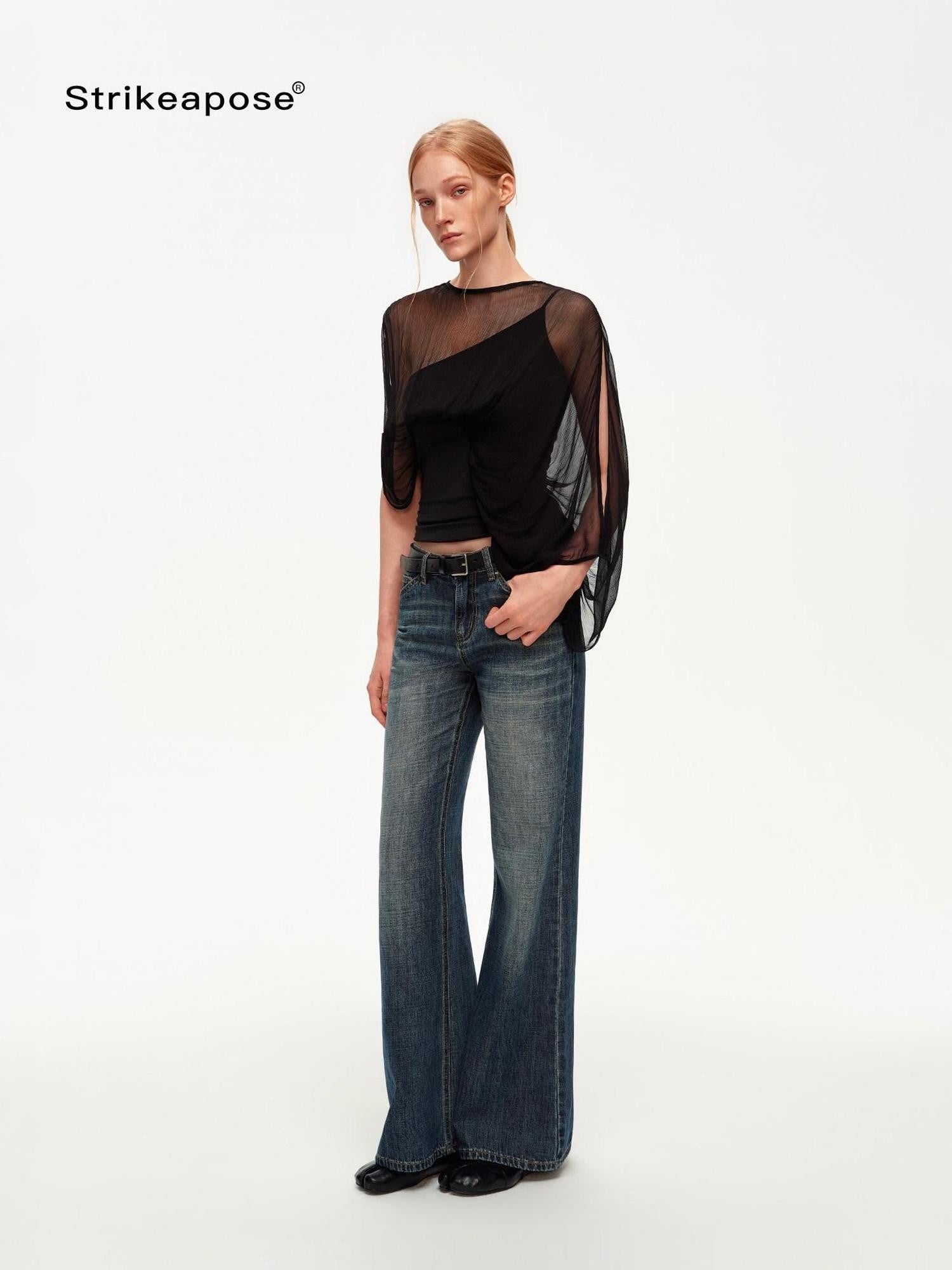 STRIKE A POSE Black Asymmetric Sheer Mesh One Shoulder Batwing Layered Women&