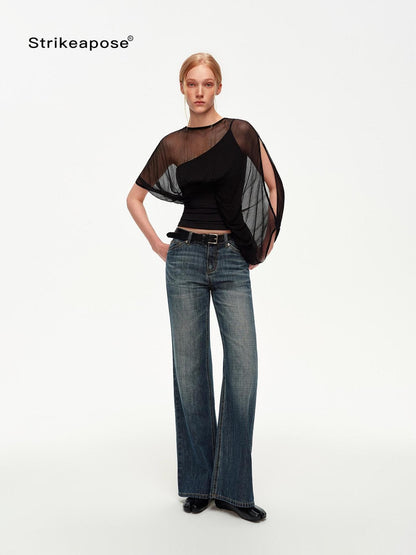 STRIKE A POSE Black Asymmetric Sheer Mesh One Shoulder Batwing Layered Women&