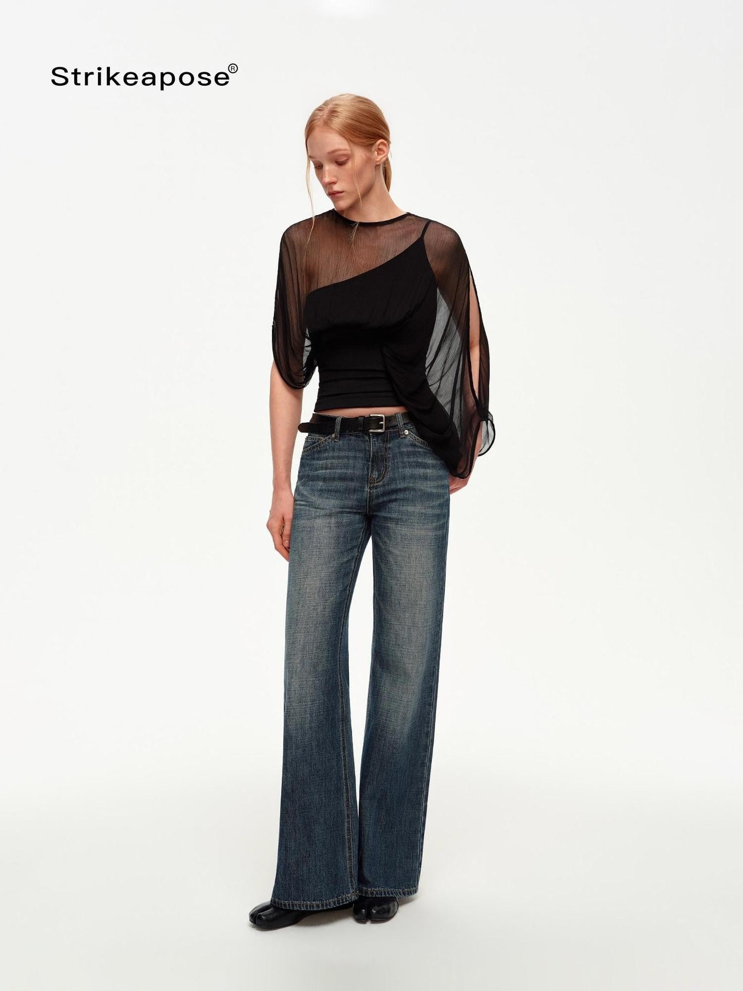 STRIKE A POSE Black Asymmetric Sheer Mesh One Shoulder Batwing Layered Women&