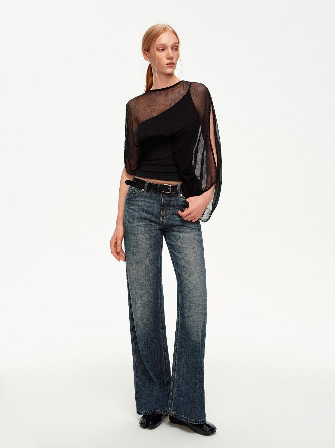 STRIKE A POSE Black Asymmetric Sheer Mesh One Shoulder Batwing Layered Women&