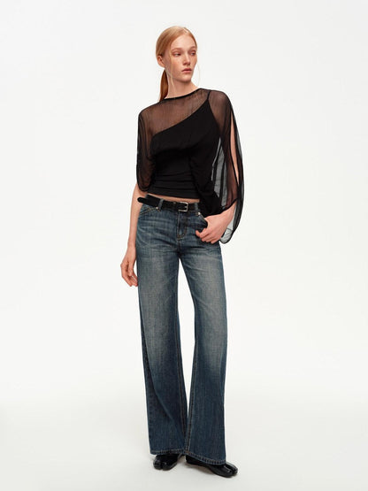 STRIKE A POSE Black Asymmetric Sheer Mesh One Shoulder Batwing Layered Women&