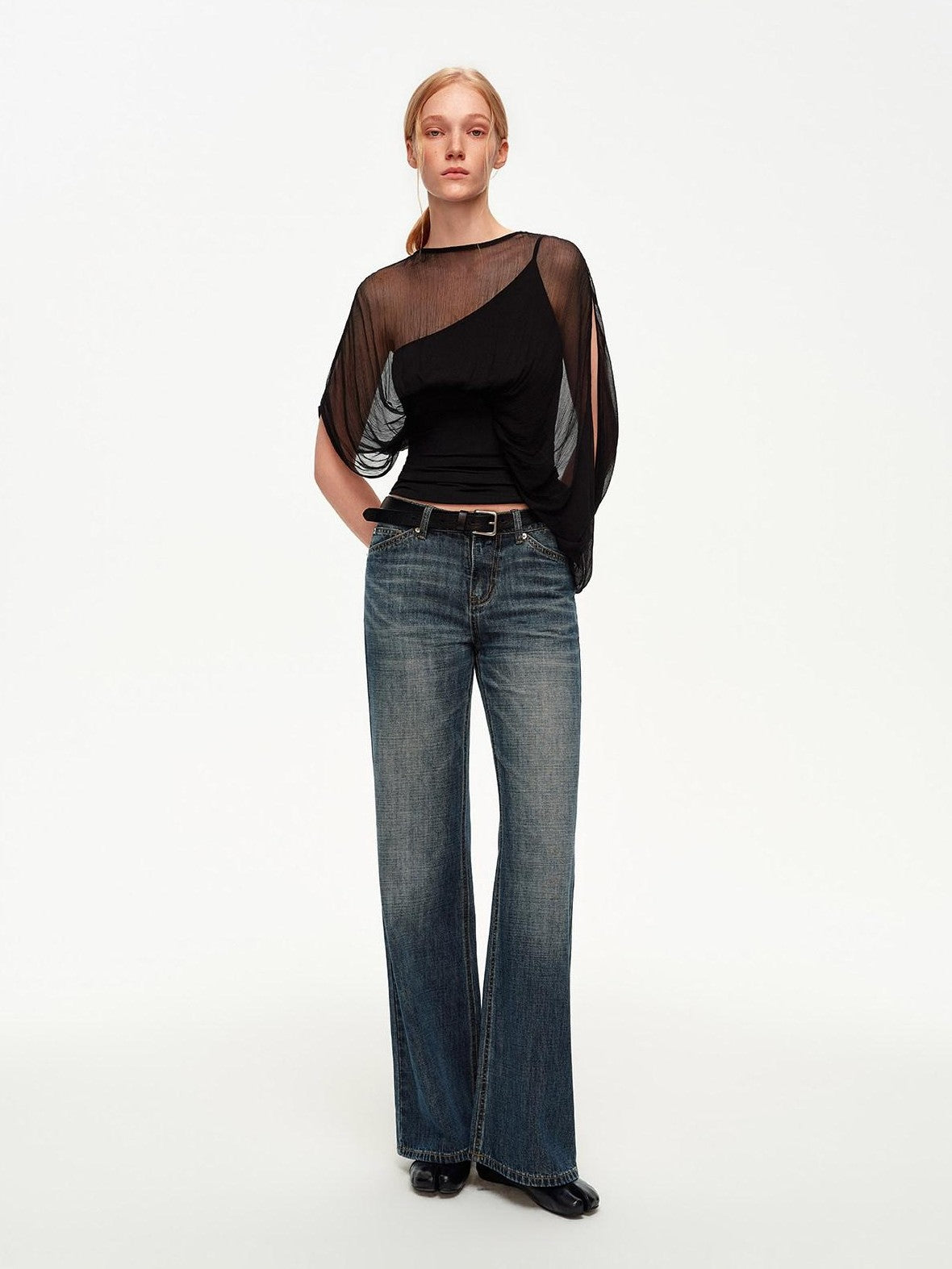 STRIKE A POSE Black Asymmetric Sheer Mesh One Shoulder Batwing Layered Women&