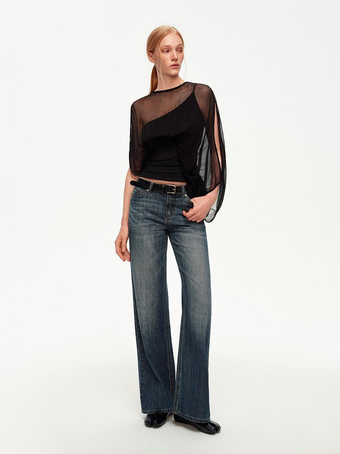 STRIKE A POSE Black Asymmetric Sheer Mesh One Shoulder Batwing Layered Women&