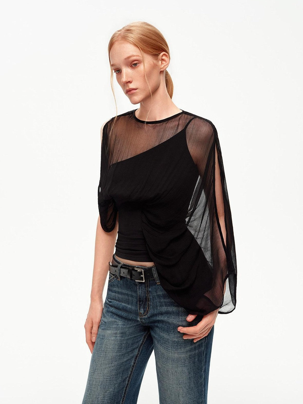 STRIKE A POSE Black Asymmetric Sheer Mesh One Shoulder Batwing Layered Women&