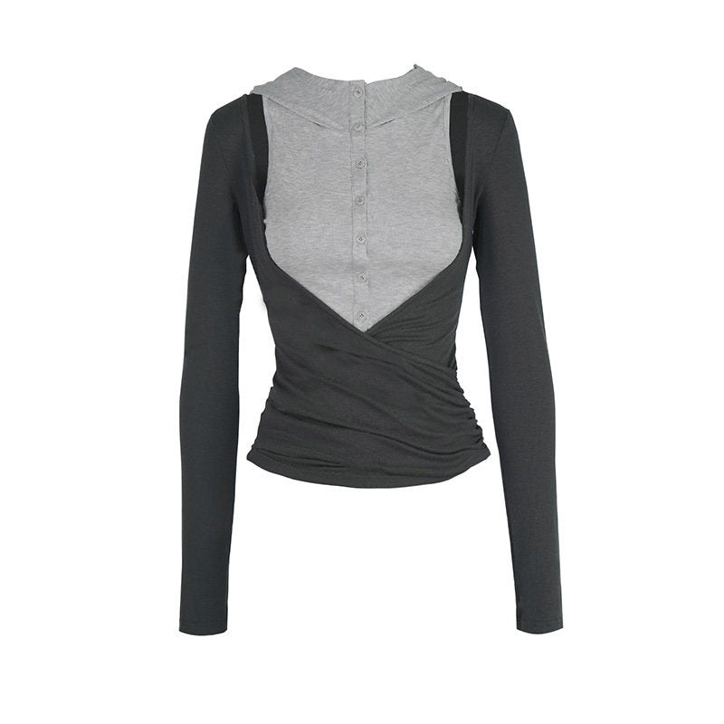 STRIKE_A_POSE_Black_Gray_Deconstructed_Button_Hooded_Knit_Women&