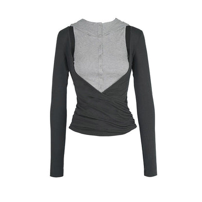 STRIKE_A_POSE_Black_Gray_Deconstructed_Button_Hooded_Knit_Women&