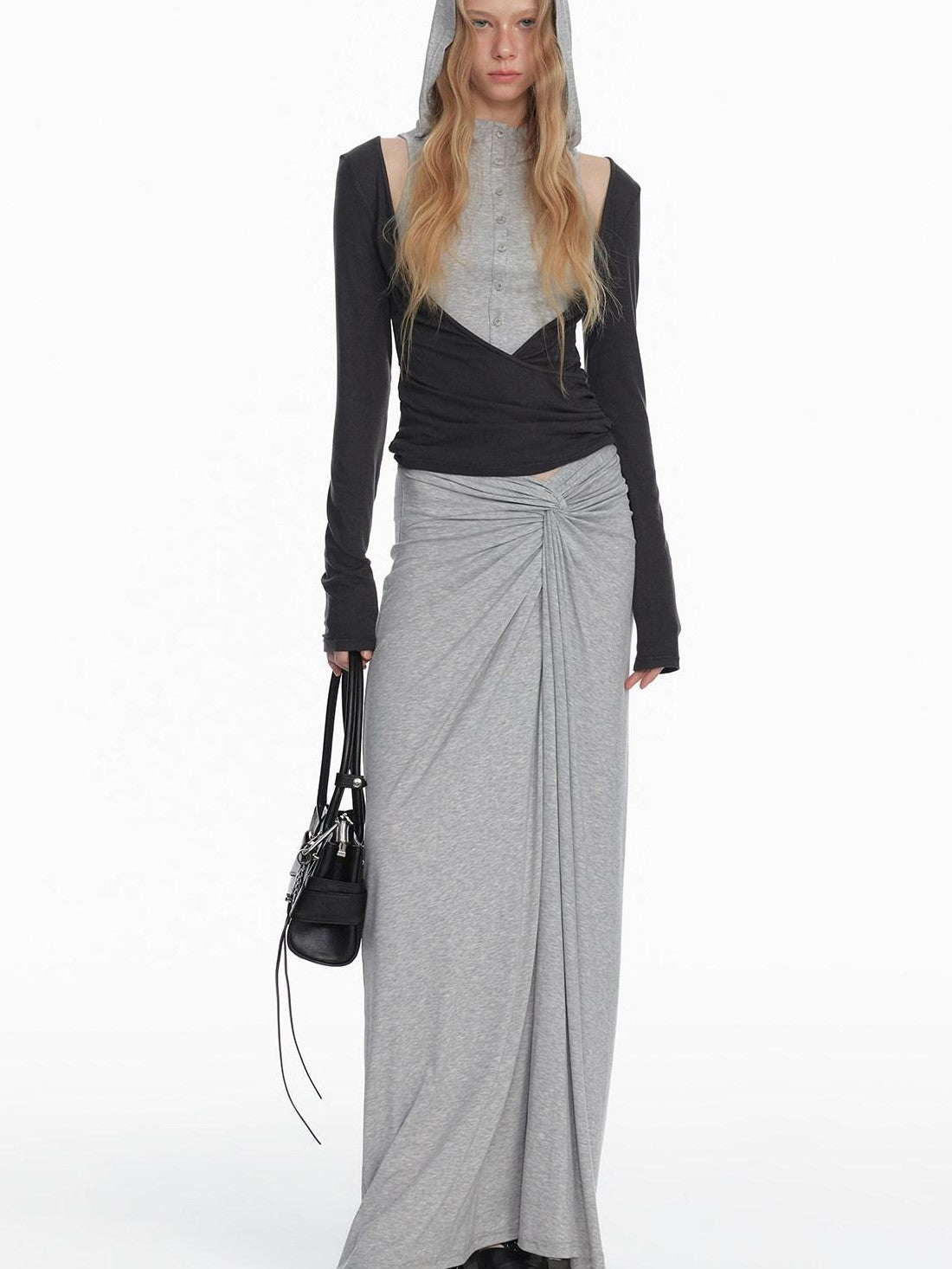 STRIKE A POSE Black Gray Deconstructed Button Hooded Knit Women&
