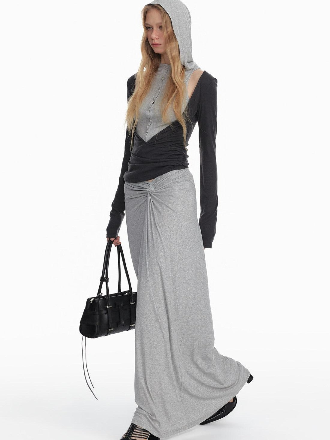 STRIKE A POSE Black Gray Deconstructed Button Hooded Knit Women&