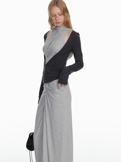 STRIKE A POSE Black Gray Deconstructed Button Hooded Knit Women&