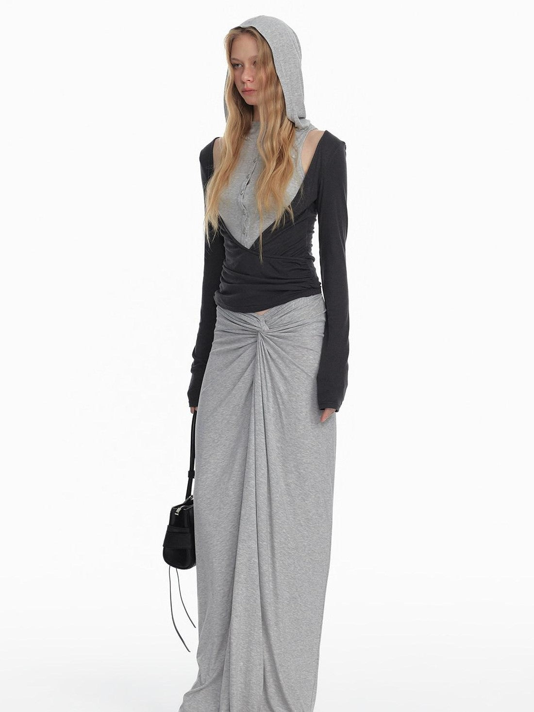 STRIKE A POSE Black Gray Deconstructed Button Hooded Knit Women&