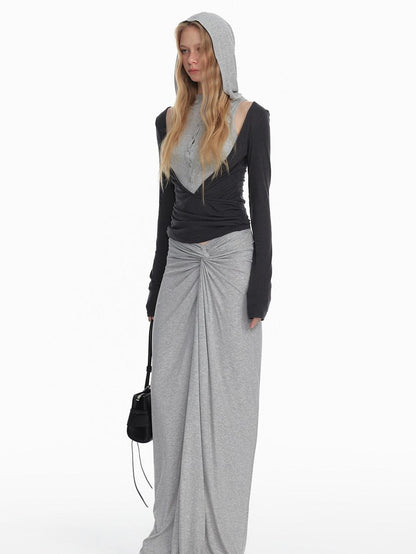 STRIKE A POSE Black Gray Deconstructed Button Hooded Knit Women&