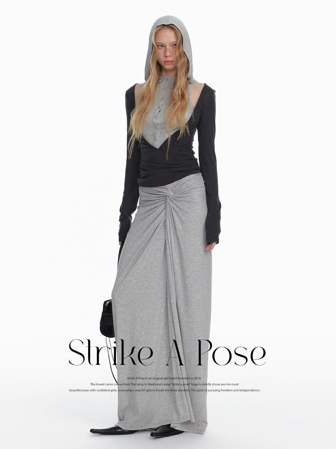 STRIKE A POSE Black Gray Deconstructed Button Hooded Knit Women&