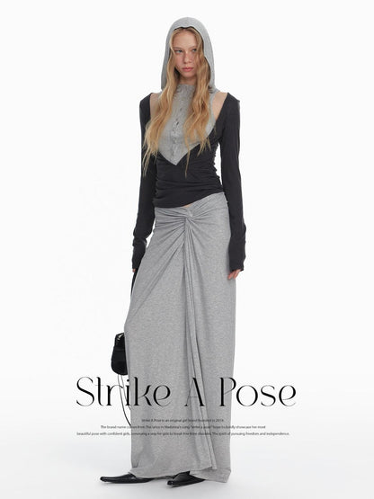 STRIKE A POSE Black Gray Deconstructed Button Hooded Knit Women&