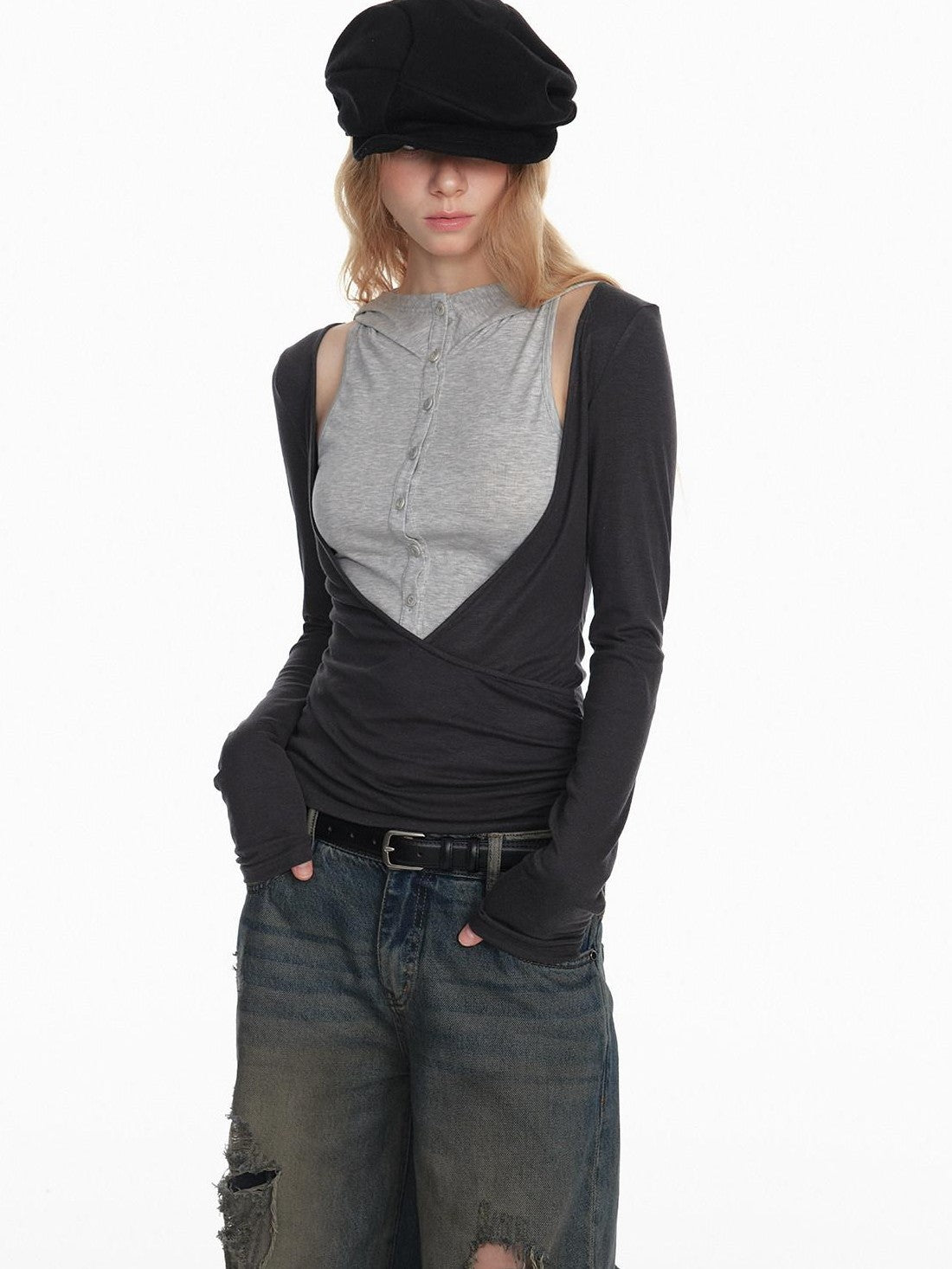 STRIKE A POSE Black Gray Deconstructed Button Hooded Knit Women&