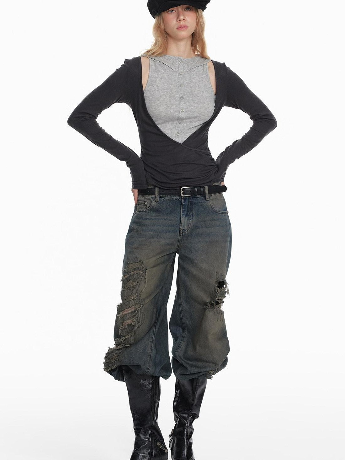 STRIKE A POSE Black Gray Deconstructed Button Hooded Knit Women&