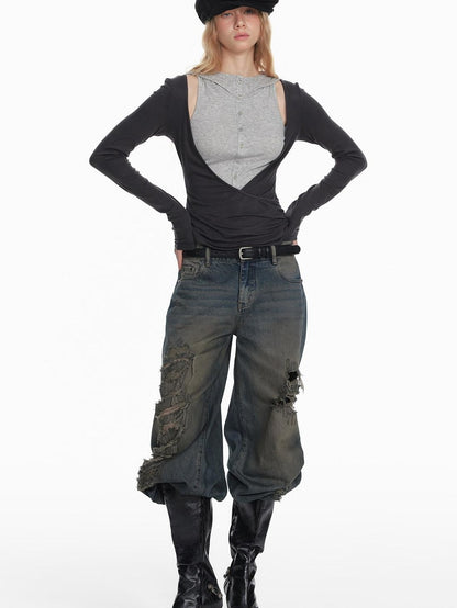 STRIKE A POSE Black Gray Deconstructed Button Hooded Knit Women&