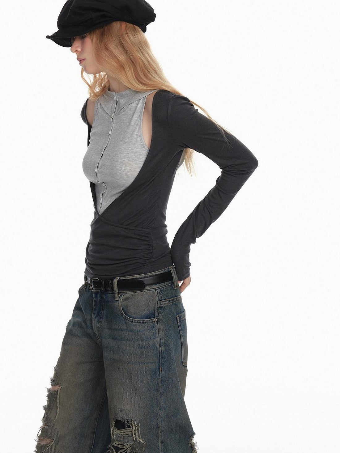 STRIKE A POSE Black Gray Deconstructed Button Hooded Knit Women&