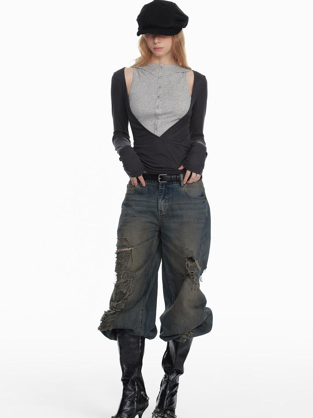 STRIKE A POSE Black Gray Deconstructed Button Hooded Knit Women&
