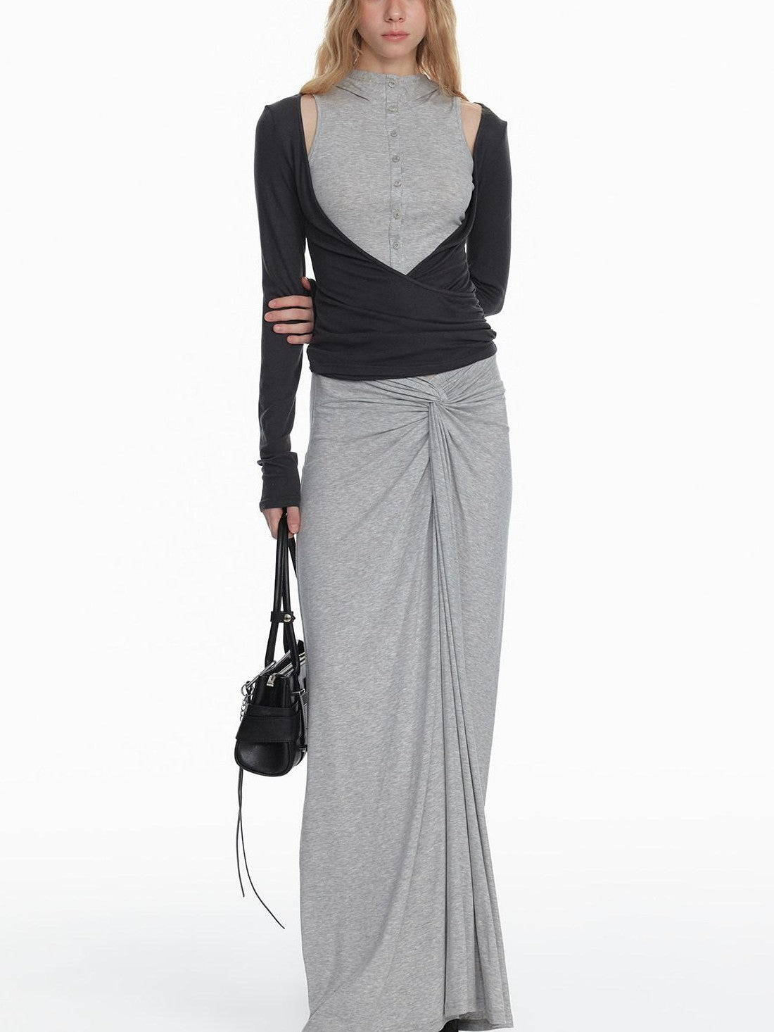 STRIKE A POSE Black Gray Deconstructed Button Hooded Knit Women&