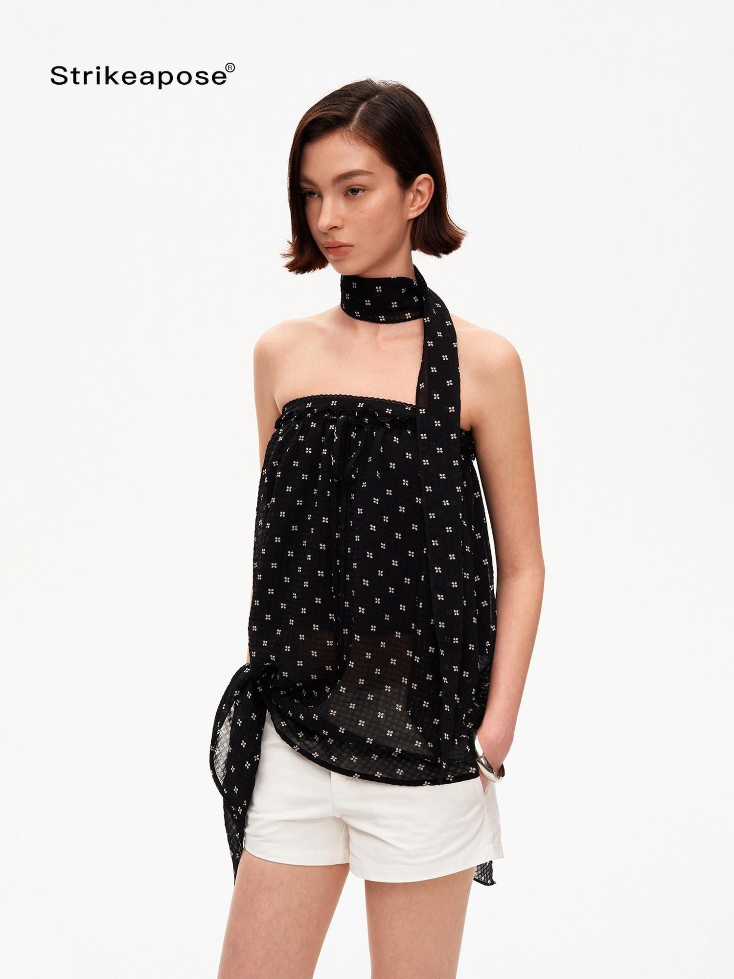 STRIKE A POSE Black Polka Dot Print Halter Neck Loose A Line Women&