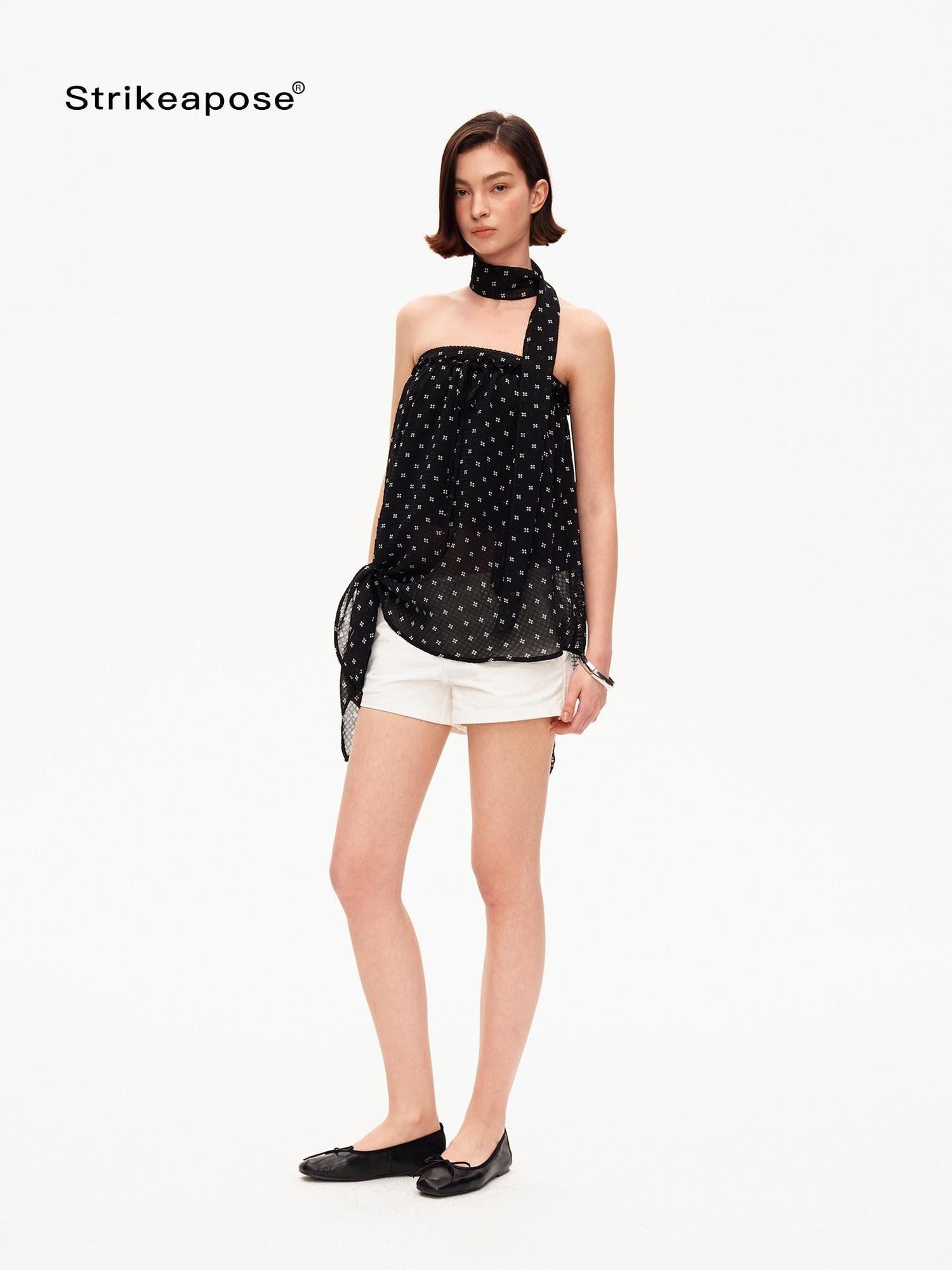 STRIKE A POSE Black Polka Dot Print Halter Neck Loose A Line Women&