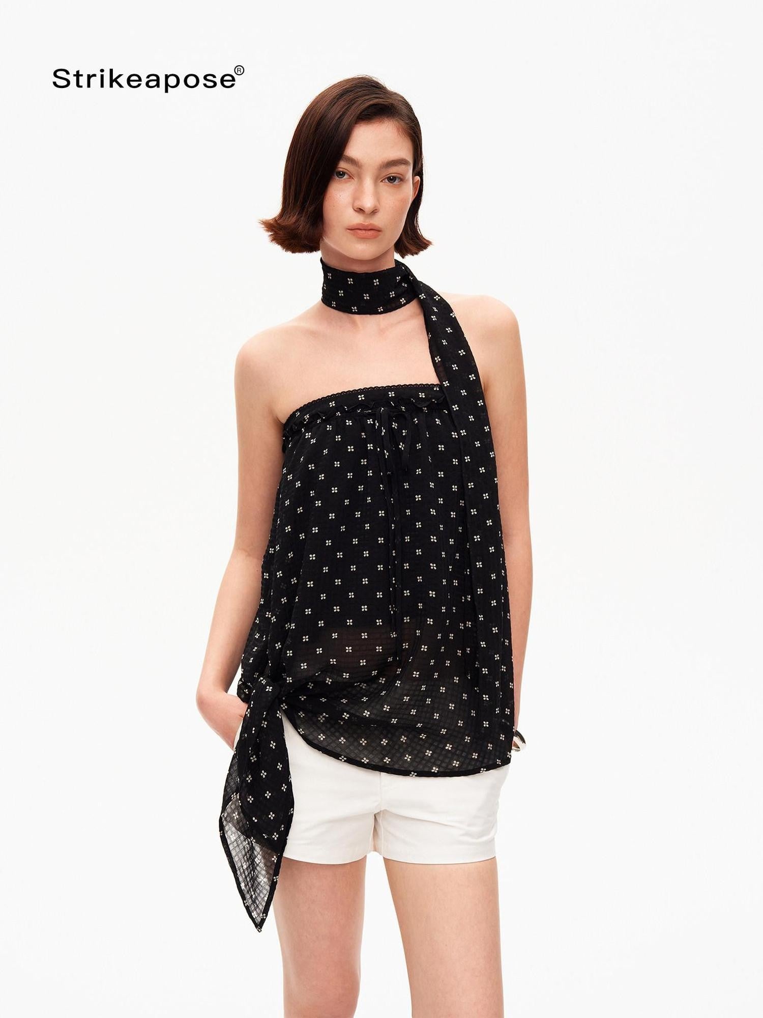 STRIKE A POSE Black Polka Dot Print Halter Neck Loose A Line Women&