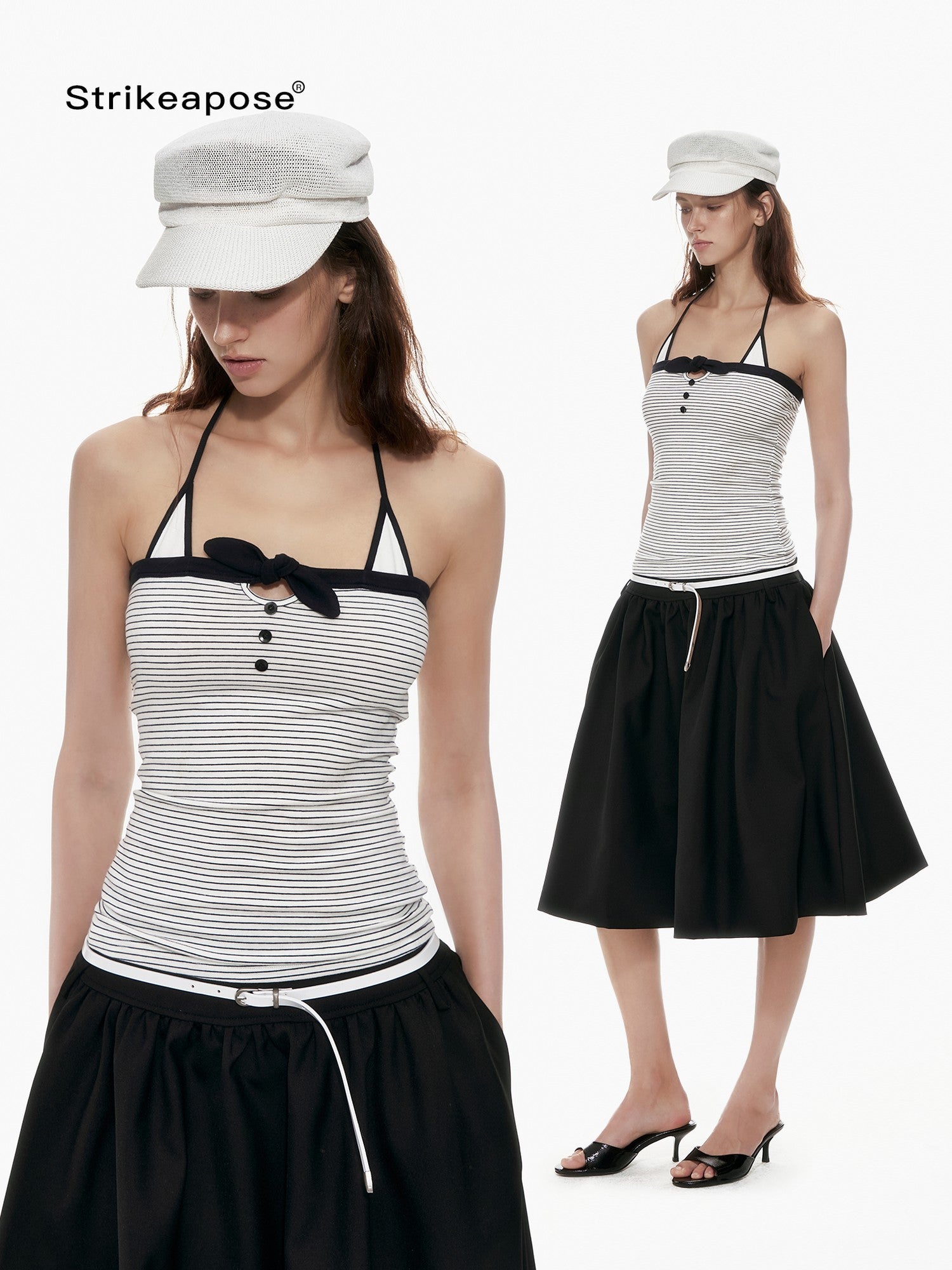 STRIKE A POSE Black White Contrast Stripe Faux Layered Slim Cinched Waist Women&