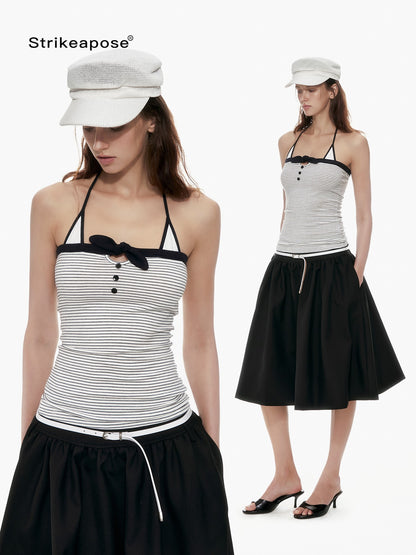 STRIKE A POSE Black White Contrast Stripe Faux Layered Slim Cinched Waist Women&