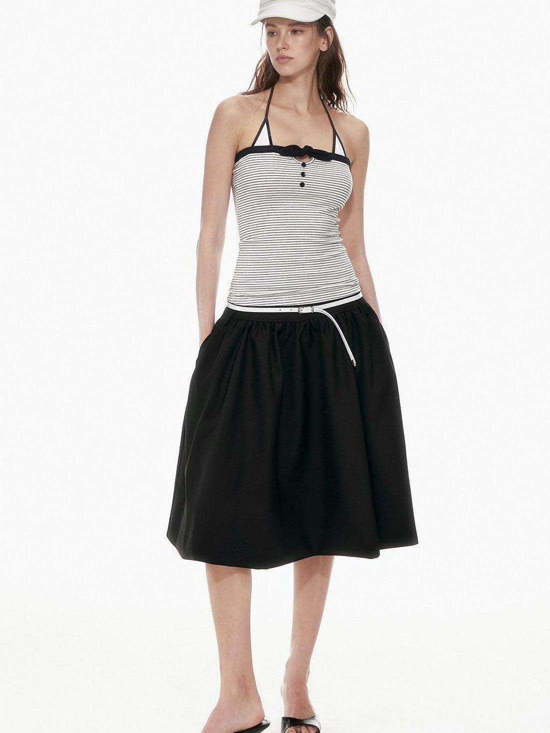 STRIKE A POSE Black White Contrast Stripe Faux Layered Slim Cinched Waist Women&