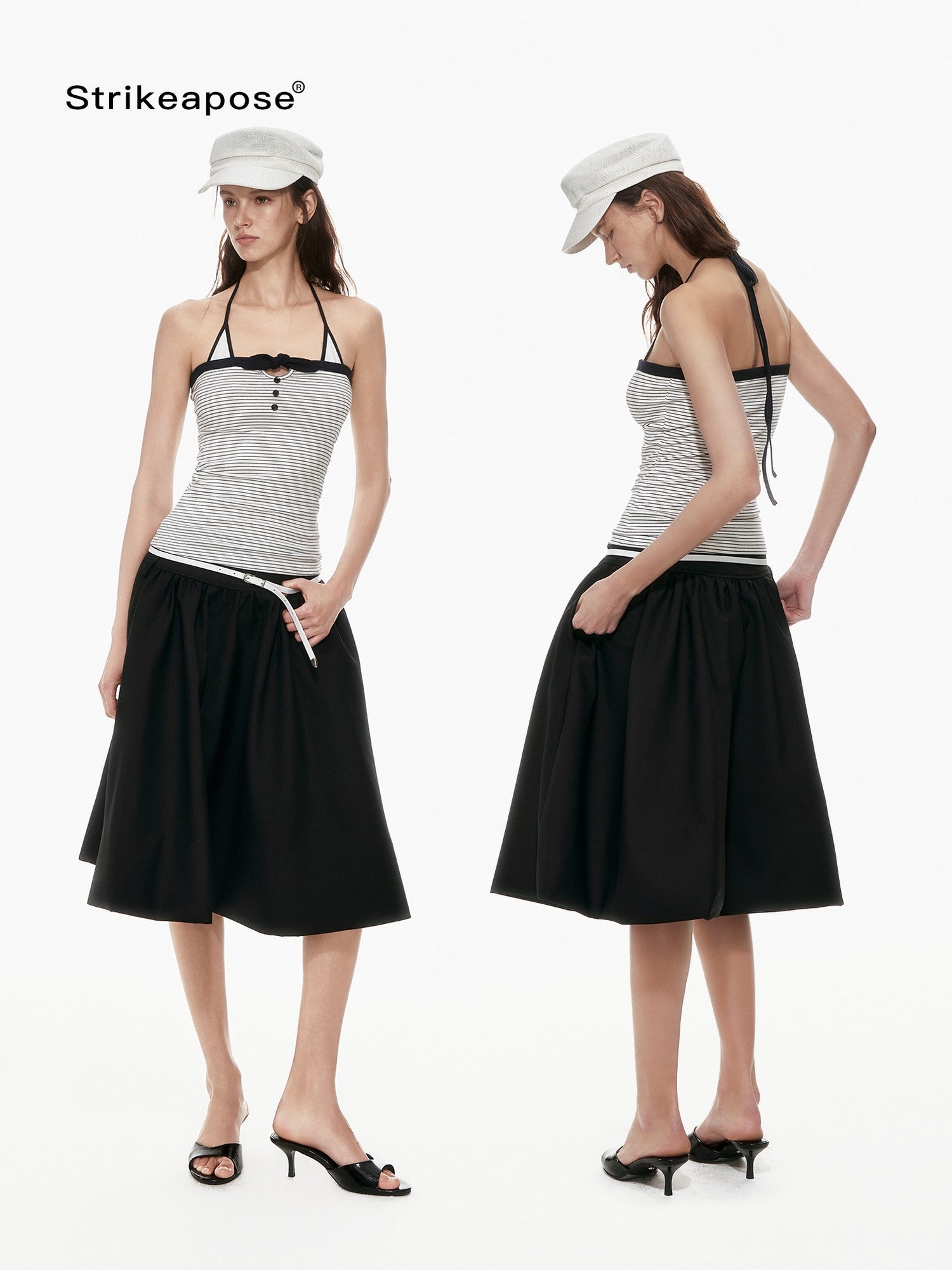 STRIKE A POSE Black White Contrast Stripe Faux Layered Slim Cinched Waist Women&